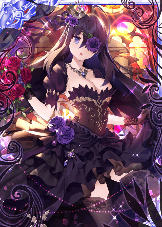 1girl :o black_dress black_gloves black_hair black_legwear breasts collaboration crown dress falkyrie_no_monshou floral_print flower gloves hair_flower hair_ornament jewelry medium_breasts natsumekinoko necklace official_art one_eye_covered open_mouth purple_eyes purple_flower purple_rose red_flower red_rose rose rose_hair_ornament rose_print shinkai_no_valkyrie sunlight thighhighs window