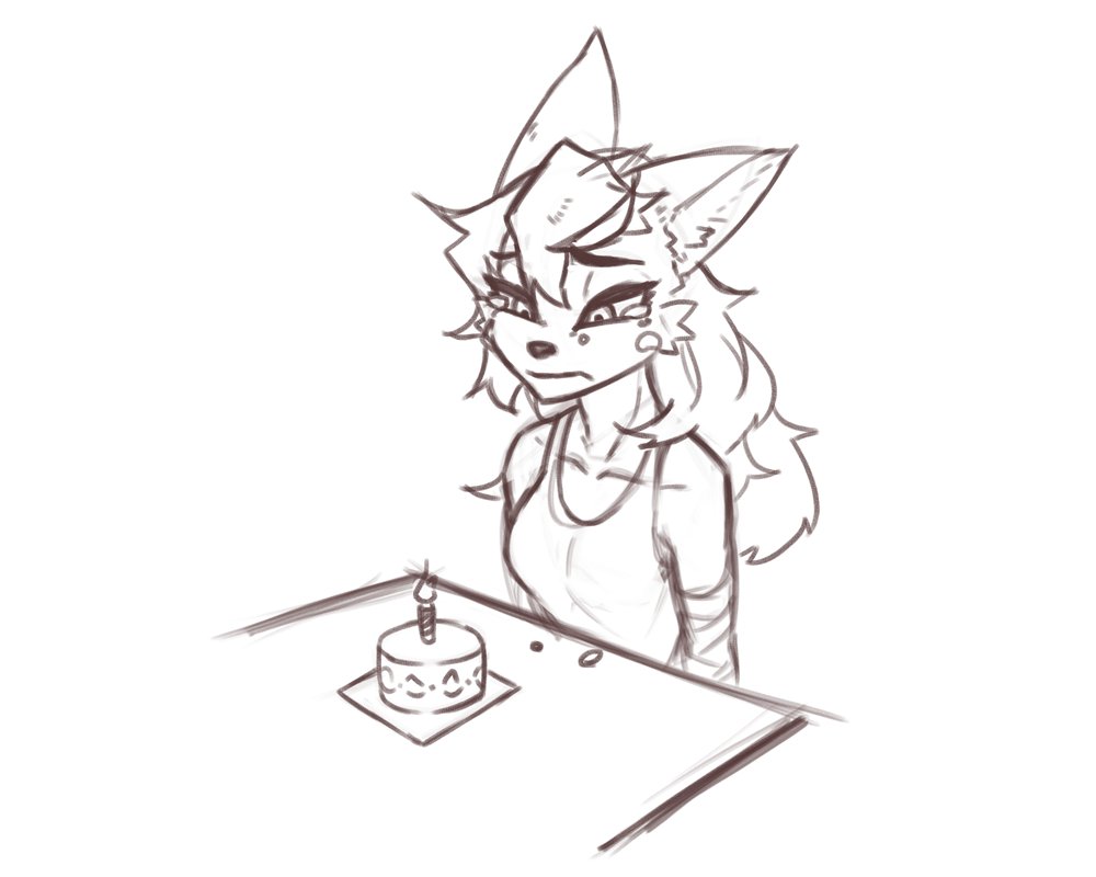 5:4 anthro bandage bangs birthday birthday_cake bodily_fluids breasts cake candle clothing crying dessert eyelashes female fire food frown hair inner_ear_fluff long_hair looking_down maned_lyon monochrome shirt simple_background solo tank_top tears topwear tuft unknown_species white_background