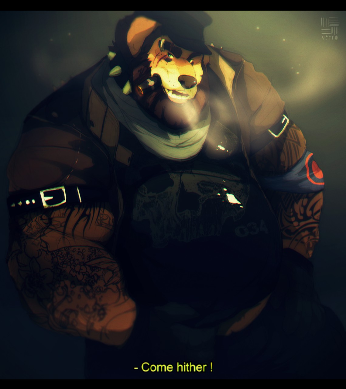 2015 anthro arm_tattoo armband beard beckoning black_bars black_clothing brown_body brown_fur canid canine canis cigar clothed clothing collar dialogue digital_drawing_(artwork) digital_media_(artwork) domestic_dog english_text eye_scar eyebrow_piercing eyebrows facial_hair facial_piercing facial_scar fur gesture gloves green_eyes hair handwear hat headgear headwear hi_res jacket leather leather_clothing leather_gloves leather_handwear leather_jacket leather_topwear letterbox looking_at_viewer male mammal musclegut muscular muscular_anthro muscular_male open_mouth overweight overweight_anthro overweight_male piercing scar shaded signature simple_background smile smirk smoke smoke_from_mouth smoke_from_nose smoking solo spiked_collar spikes tattoo teeth text thick_eyebrows topwear vetrowolf