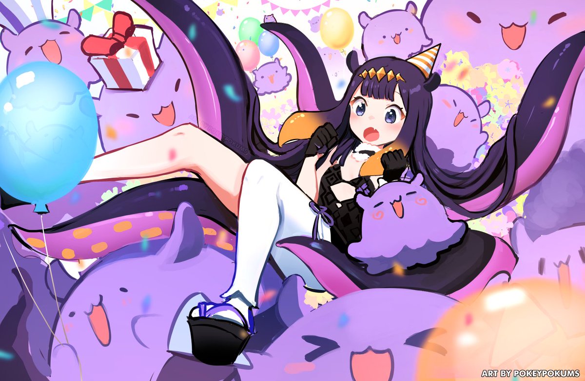 &gt;_&lt; 1girl artist_name balloon bangs black_dress black_gloves blue_eyes bow box clenched_hands dress english_commentary fur_choker gift gloves happy_birthday hat hololive hololive_english long_hair looking_down ninomae_ina'nis open_mouth party_hat platform_footwear pokey purple_hair red_bow single_thighhigh strapless strapless_dress tako_(ninomae_ina'nis) thighhighs tube_dress watermark