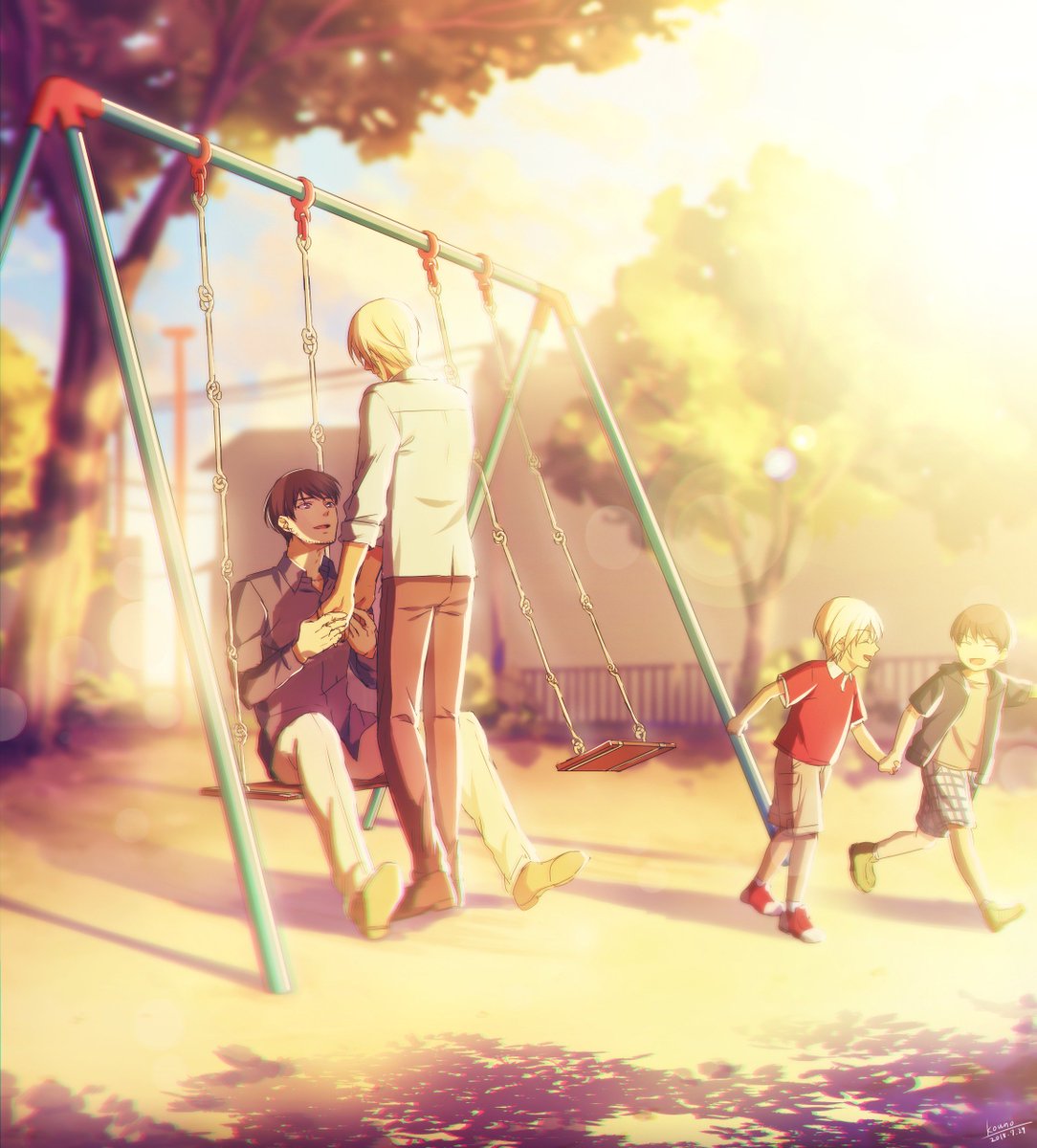 4boys :d ^_^ amuro_tooru bangs black_hair black_hoodie black_shirt blonde_hair blue_shorts blurry blurry_background brown_footwear brown_pants brown_shirt brown_shorts child closed_eyes collared_shirt commentary_request dated day dual_persona facial_hair fence green_footwear happy highres holding_hands hood hood_down hoodie kouno_kb lens_flare long_sleeves looking_at_another looking_up male_focus meitantei_conan multiple_boys open_mouth outdoors pants red_footwear red_shirt running scotch_(meitantei_conan) shadow shirt shoes short_hair short_sleeves shorts signature sitting sleeves_rolled_up smile sneakers standing stubble swing swing_set tree white_pants white_shirt
