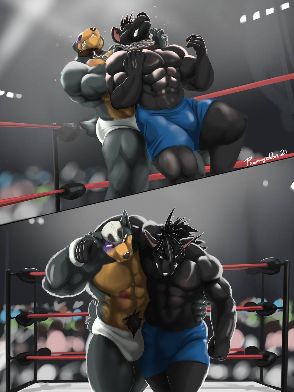 3:4 anthro arm_around_shoulders black_eye_(injury) bruised chain collar duo fighting_ring hi_res houndour hyaenid male male/male mammal muscular muscular_male nintendo pawmageddon pok&eacute;mon pok&eacute;mon_(species) supporting video_games wrestling