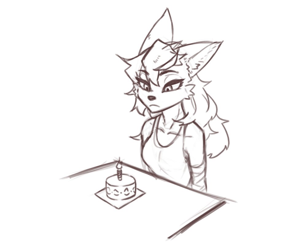 5:4 anthro bandage bangs birthday birthday_cake breasts cake candle clothing dessert eyelashes female fire food frown hair inner_ear_fluff long_hair looking_down maned_lyon monochrome shirt simple_background solo tank_top topwear tuft unknown_species white_background