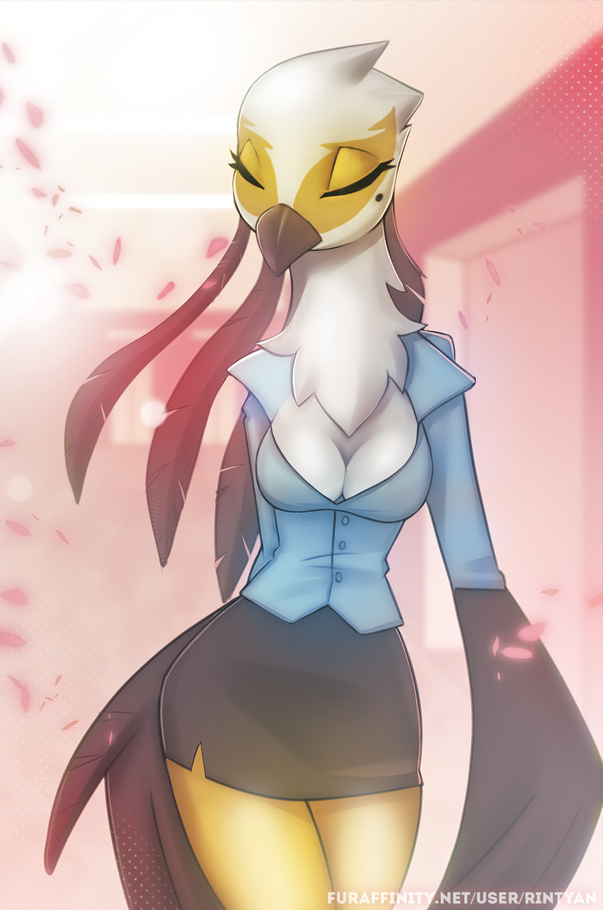accipitriform aggressive_retsuko anthro avian beak beauty_mark bird bottomwear breasts business_suit cleavage clothed clothing eyes_closed feathered_wings feathers female hi_res long_neck non-mammal_breasts rin_tyan sanrio secretary_bird secretary_washimi skirt solo standing suit white_body white_feathers wide_hips winged_arms wings