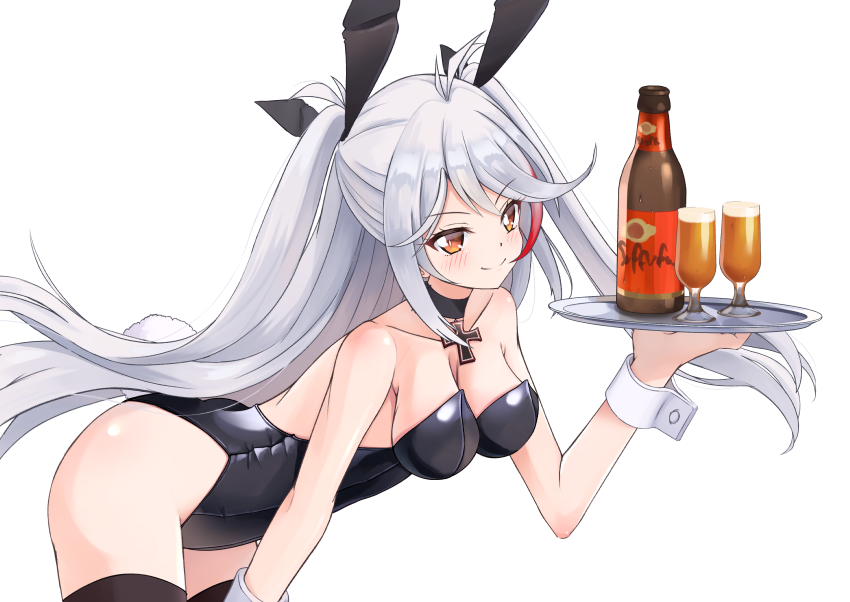 1girl alcohol animal_ears azur_lane beer black_legwear black_leotard bottle breasts bunny_ears bunny_tail choker commentary_request cowboy_shot glass iron_cross leotard long_hair medium_breasts orange_eyes playboy_bunny prinz_eugen_(azur_lane) retumihari silver_hair simple_background smile solo strapless strapless_leotard tail thighhighs tray two_side_up white_background wrist_cuffs