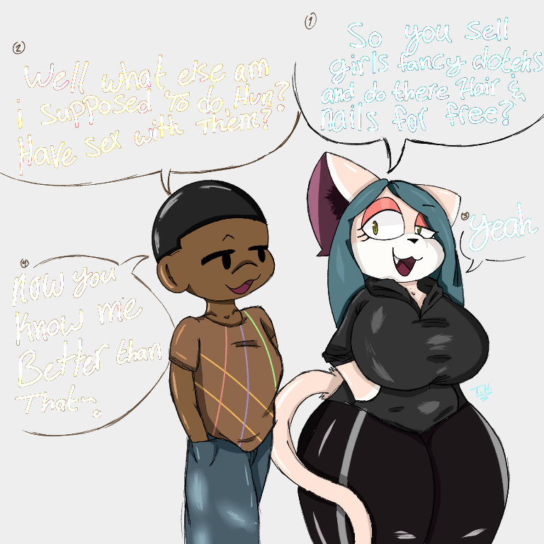 1:1 anthro big_breasts big_butt breasts butt clothing dialogue domestic_cat fate_(trinity-fate62) felid feline felis female hoodie humanoid male mammal omni_human speech_bubble sweat_pants tems tems-omnihuman thick_thighs topwear trinity-fate62