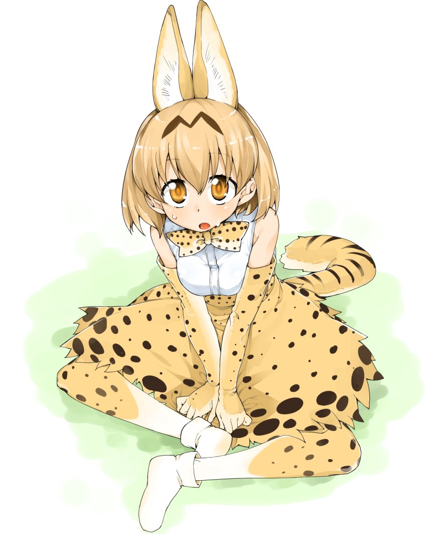 1girl akitsuki_itsuki animal_ears bare_shoulders blonde_hair bow bowtie elbow_gloves full_body gloves indian_style kemono_friends looking_at_viewer medium_hair orange_eyes parted_lips serval_(kemono_friends) serval_ears serval_print serval_tail shirt shoes sitting skirt solo tail white_footwear white_shirt yellow_bow yellow_gloves yellow_legwear yellow_neckwear yellow_skirt