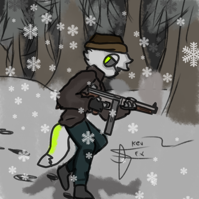 anthro breath canid canine clothing cold_war detailed_background fox grey_smoke hat headgear headwear holding_object holding_weapon kevthefox looking_back magazine_(gun) male mammal neon_eyes shaded simple_coloring simple_eyes simple_nose simple_shading smoke solo walking weapon winter