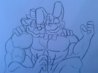 anthro balls biceps big_muscles blush bodily_fluids bonnie_(fnaf) bow_tie cum cum_on_chest duo five_nights_at_freddy's freddy_(fnaf) genital_fluids genitals lagomorph leporid liviuh low_res lying male male/male mammal messy muscular muscular_male on_back penis penis_grab rabbit surprise ursid vein veiny_muscles video_games