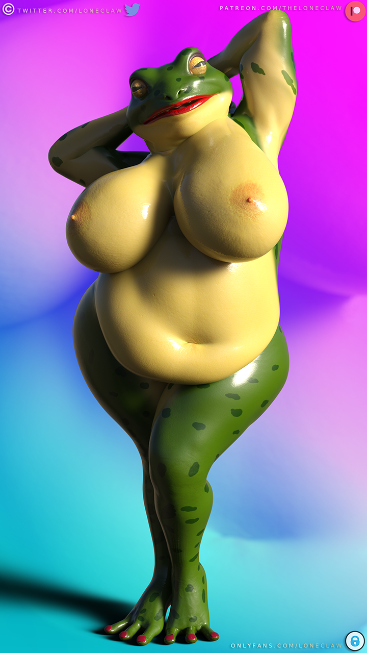 amphibian anthro beatrice_(loneclaw) belly big_belly big_breasts breasts chubby_anthro chubby_female daz3d daz_3d daz_studio female frog hi_res huge_breasts loneclaw overweight overweight_anthro overweight_female pose post-vore smile solo thick_thighs weight_gain wide_hips