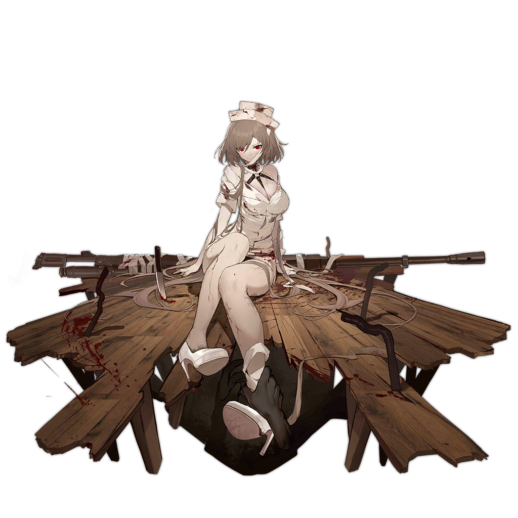 1girl alternate_costume ankle_grab arched_back arm_support bandages blood blood_stain bloody_bandages bloody_clothes bloody_knife breasts brown_hair cleavage contrapposto cracked_floor cracked_skin disembodied_limb eyelashes full_body girls_frontline gun hair_spread_out hand_on_another's_leg harness hat high_heels horror_(theme) knee_up knife kord_(girls_frontline) kord_6p50 legs long_hair looking_at_viewer low_twintails machine_gun medium_breasts nurse nurse_cap o-ring off_shoulder official_art pale_skin planted_knife planted_weapon rebar red_eyes scope shi-chen sitting smile solo thighs transparent_background twintails very_long_hair weapon white_footwear wooden_floor