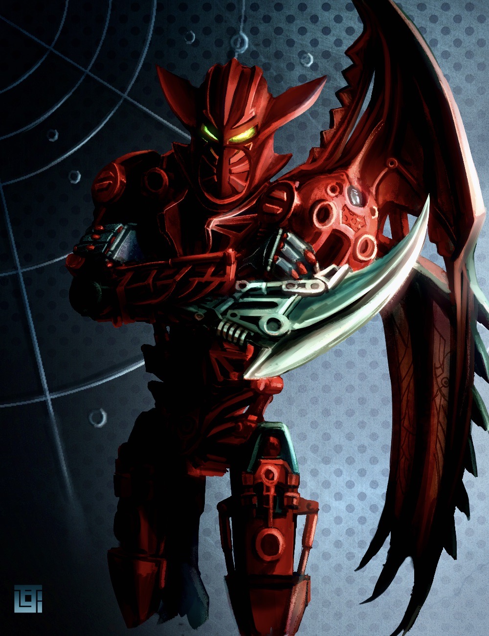 2020 4_fingers antroz armor bionicle blade_arm claws digital_drawing_(artwork) digital_media_(artwork) fingers grey_background hi_res humanoid kozsen_810290 lego looking_at_viewer machine makuta male markings mask membrane_(anatomy) membranous_wings monster not_furry red_body robot signature simple_background solo spiked_wings spikes spikes_(anatomy) standing weapon wings yellow_eyes