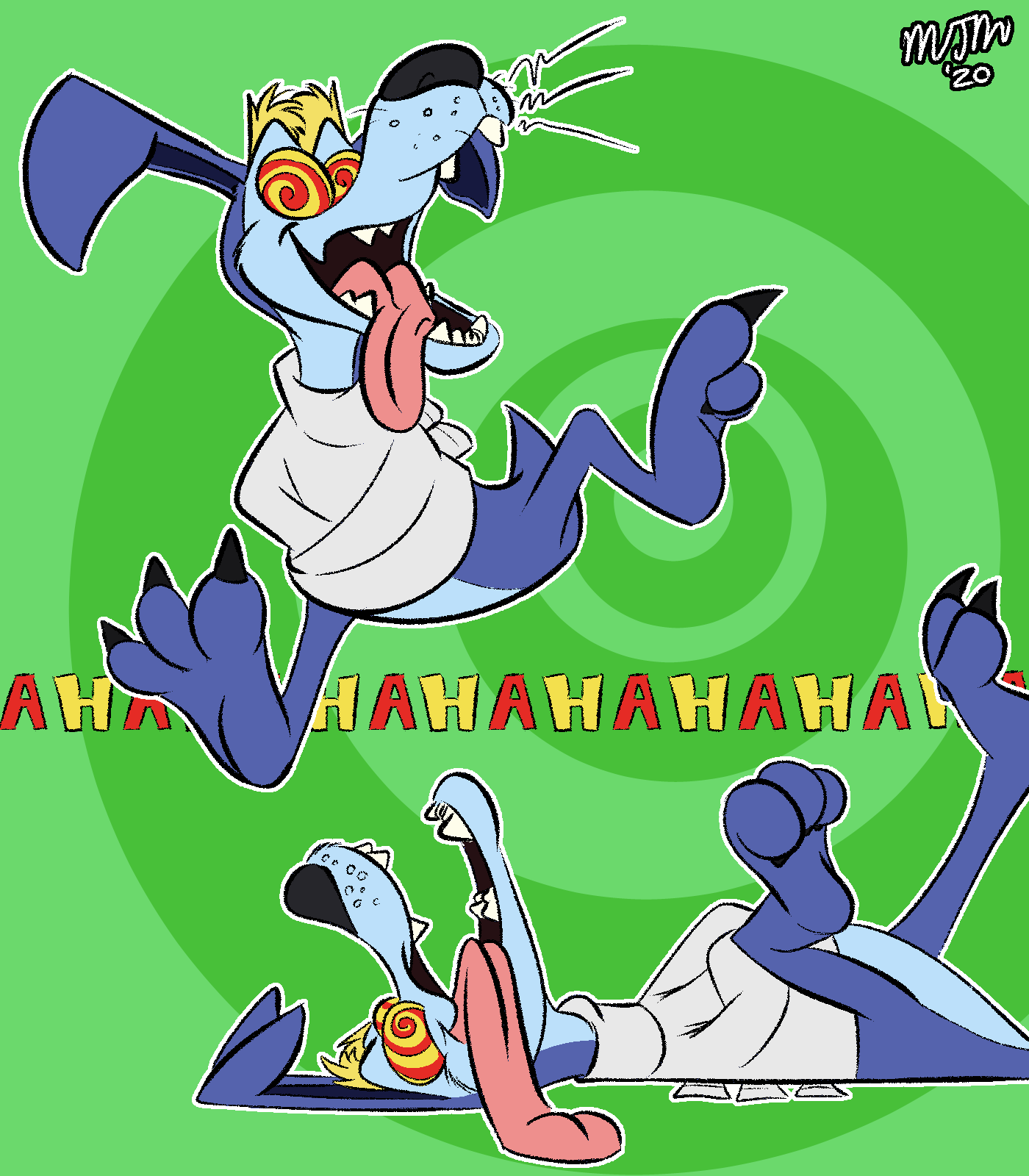 activision blue_body blue_fur claws clothed clothing crash_bandicoot_(series) digital_media_(artwork) english_text feral fur green_background hi_res johnnythecheesy kangaroo laugh macropod male mammal marsupial open_mouth ripper_roo simple_background smile solo straitjacket text tongue tongue_out toony video_games