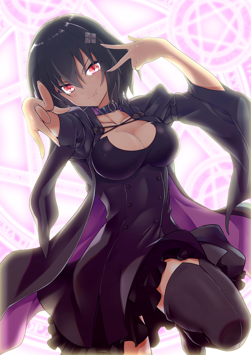 black_dress black_hair black_legwear blush breasts cleavage collar copyright_request dress fang highres jacket looking_at_viewer magic_circle medium_breasts outstretched_arm red_eyes short_hair smile solo thighhighs yuto_(dialique)
