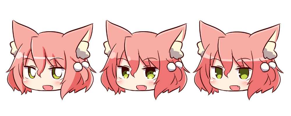 1girl 7th_dragon 7th_dragon_(series) :d animal_ear_fluff animal_ears bangs blush cat_ears empty_eyes eyebrows_visible_through_hair fang green_eyes hair_between_eyes hair_bobbles hair_ornament harukara_(7th_dragon) head looking_at_viewer naga_u one_side_up open_mouth pink_hair simple_background smile variations white_background