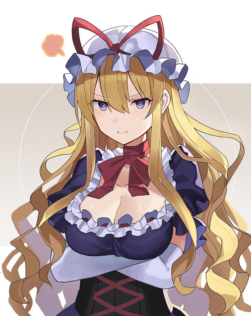 1girl blonde_hair breasts brown_background choker cleavage closed_mouth crossed_arms elbow_gloves gloves hair_between_eyes hat large_breasts long_hair looking_at_viewer mob_cap puffy_short_sleeves puffy_sleeves purple_eyes red_ribbon ribbon rin_falcon short_sleeves solo touhou two-tone_background white_background white_gloves white_headwear yakumo_yukari