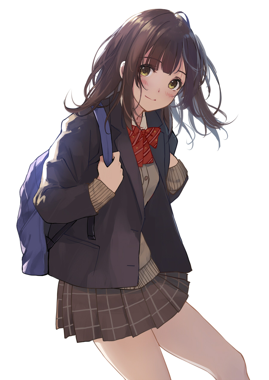 1girl backpack bag bare_legs blush bow bowtie brown_hair caidychen collared_shirt cowboy_shot eyebrows_visible_through_hair hige_wo_soru._soshite_joshikousei_wo_hirou. highres holding holding_bag jacket long_hair long_sleeves looking_at_viewer miniskirt ogiwara_sayu open_clothes open_jacket plaid plaid_skirt pleated_skirt red_neckwear school_uniform shirt skirt smile solo sweater yellow_eyes