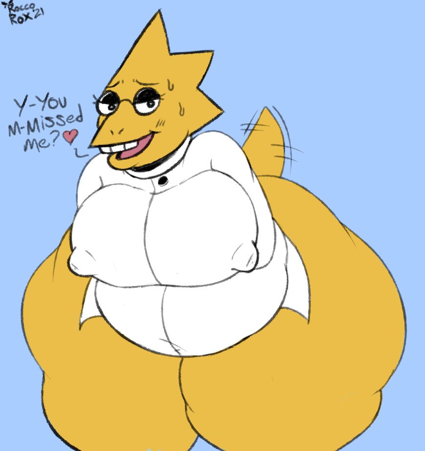 &lt;3 alphys anthro bedroom_eyes belly big_belly big_breasts big_butt blush bodily_fluids bottomless breasts buckteeth butt clothed clothing dialogue dimples english_text eyeshadow eyewear female front_view glasses half-closed_eyes huge_breasts huge_butt huge_hips huge_thighs hyper hyper_thighs leaning leaning_forward lizard looking_at_viewer makeup narrowed_eyes navel_outline nipple_outline non-mammal_breasts non-mammal_nipples obese obese_anthro obese_female open_mouth open_smile overweight overweight_anthro overweight_female reptile roccorox scales scalie seductive signature simple_background smile solo standing stuttering sweat tailwag teeth text thick_tail thick_thighs tight_clothing tight_coat tight_topwear topwear undertale video_games yellow_body yellow_scales