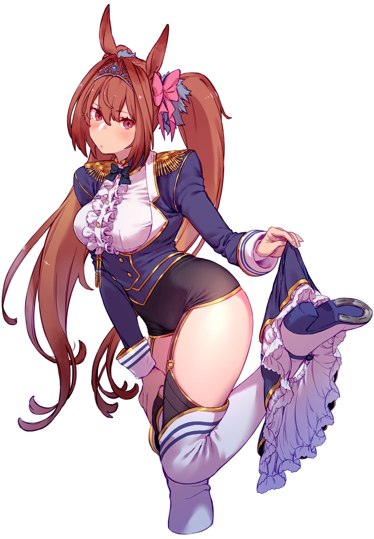 1girl animal_ears bangs black_legwear black_shorts blue_jacket blue_skirt blush boots bow brown_hair center_frills closed_mouth daiwa_scarlet_(umamusume) epaulettes eyebrows_visible_through_hair frilled_shirt frills garter_straps hair_bow hair_intakes high_heel_boots high_heels highres horse_ears horseshoe jacket leg_up long_hair long_sleeves looking_at_viewer open_clothes open_jacket pink_bow red_eyes shirt short_shorts shorts simple_background skirt skirt_around_ankles standing standing_on_one_leg thighhighs thighhighs_under_boots tiara twintails umamusume undressing uyama_hajime very_long_hair white_background white_footwear white_shirt