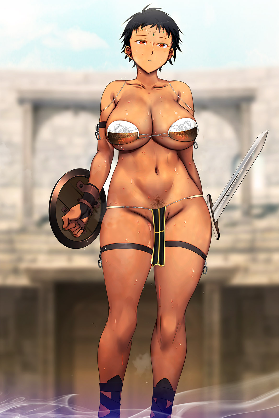 1girl amagasahigasa armor bikini bikini_armor bikini_top black_hair blush breasts cleavage dark_skin day highres holding holding_weapon loincloth metal navel orange_eyes original outdoors pelvic_curtain pubic_hair revealing_clothes shield shiny shiny_hair shiny_skin short_hair solo standing sweat swimsuit sword tan very_short_hair weapon