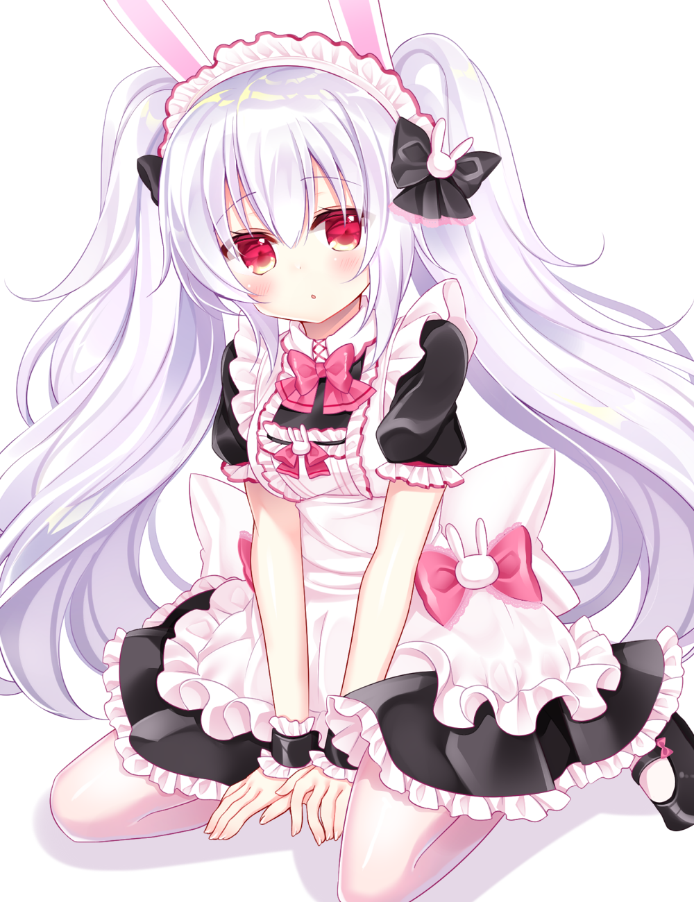 1girl :o alternate_costume animal_ears apron azur_lane bangs between_legs black_bow black_dress black_footwear blush bow bunny_ears bunny_hair_ornament commentary_request dress enmaided eyebrows_visible_through_hair frilled_apron frilled_dress frills hair_between_eyes hair_bow hair_ornament hand_between_legs highres laffey_(azur_lane) looking_at_viewer maid maid_apron maid_headdress pantyhose parted_lips puffy_short_sleeves puffy_sleeves shadow shikito shoes short_sleeves silver_hair solo twintails white_apron white_background white_legwear wrist_cuffs