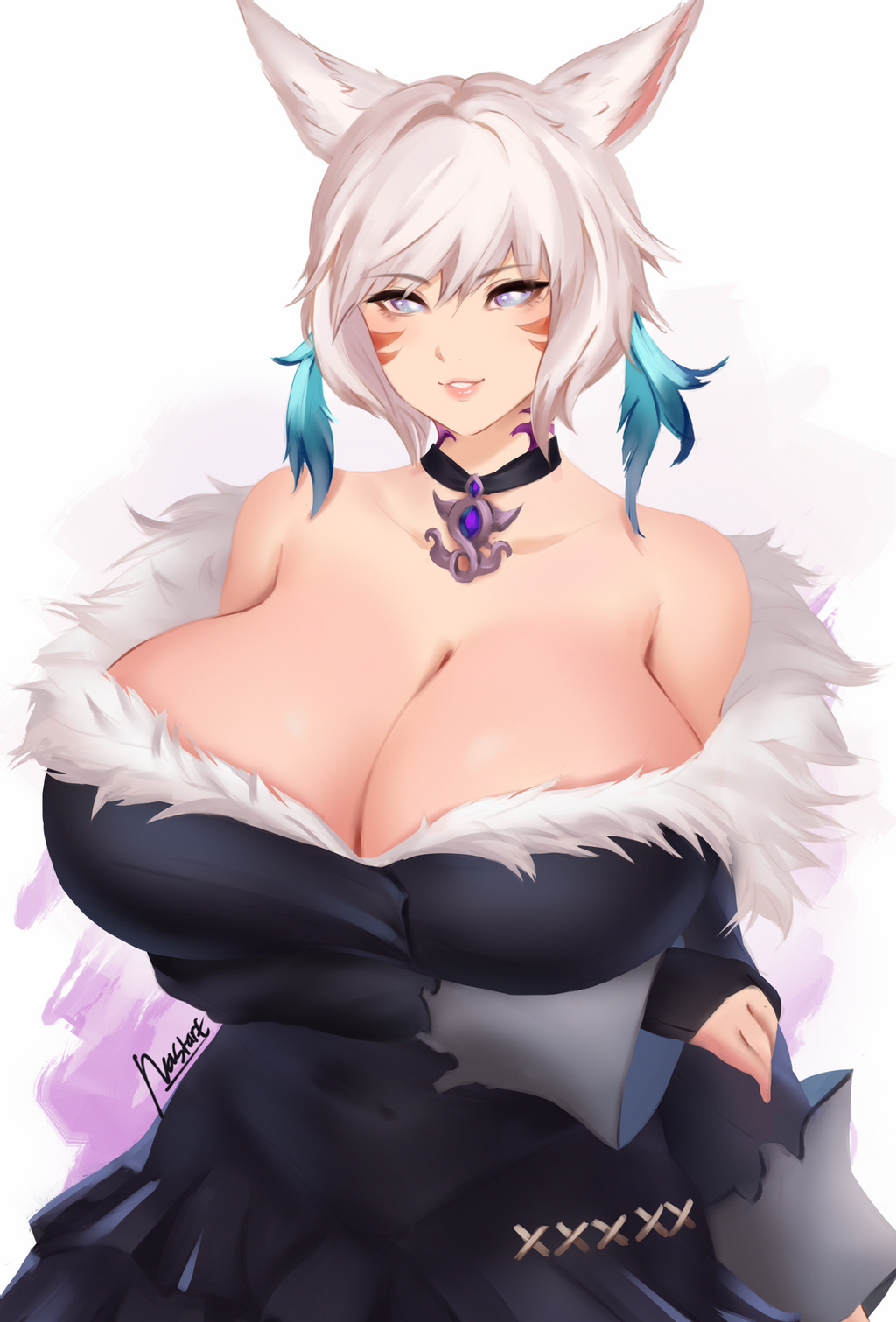 1girl alternate_breast_size animal_ears arm_under_breasts artist_request breasts cat_ears cleavage final_fantasy final_fantasy_xiv gigantic_breasts highres jewelry looking_at_viewer miqo'te necklace parted_lips robe short_hair silver_eyes smile tattoo white_hair y'shtola_rhul