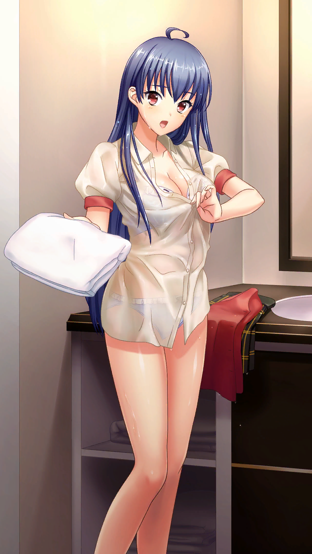 1girl ahoge bangs blue_bra blue_hair blue_panties bra breasts cleavage collarbone collared_shirt doukyuusei_another_world dress_shirt eyebrows_visible_through_hair game_cg green_skirt holding holding_towel indoors jacket jacket_removed kakyuusei_2 large_breasts long_hair looking_at_viewer miniskirt official_art open_mouth panties plaid plaid_skirt red_eyes red_jacket see-through shiny shiny_hair shirt short_sleeves skirt skirt_removed solo standing straight_hair takatoo_nanase towel underwear undressing very_long_hair wet wet_clothes wet_hair wet_shirt white_shirt wing_collar