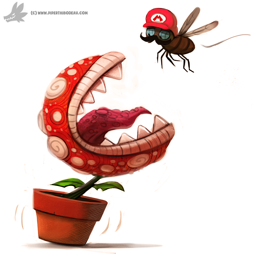 2015 ambiguous_gender black_hair blue_eyes brown_body clothing cryptid-creations duo elemental_creature facial_hair fangs feral flora_fauna flower_pot fly_(disambiguation) flying hair hat headgear headwear insect_wings leaf male mario mario_bros mustache nintendo open_mouth piranha_plant plant simple_background teeth text tongue url video_games white_background wings