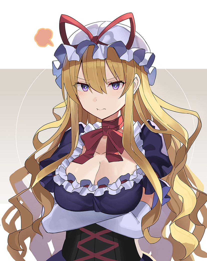 1girl blonde_hair breasts brown_background choker cleavage closed_mouth commentary_request crossed_arms elbow_gloves gloves hair_between_eyes hat large_breasts long_hair looking_at_viewer mob_cap puffy_short_sleeves puffy_sleeves purple_eyes red_ribbon ribbon rin_falcon short_sleeves solo touhou two-tone_background white_background white_gloves white_headwear yakumo_yukari