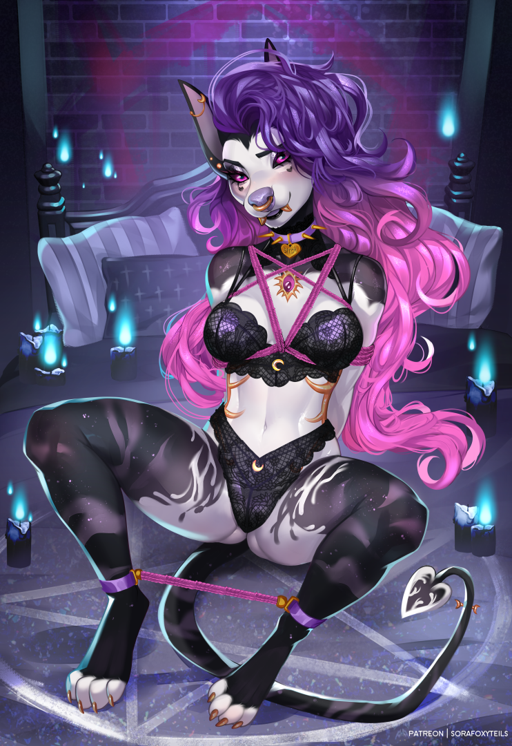 2021 5_fingers anthro breasts candle canid canine clothed clothing collar digital_media_(artwork) ear_piercing ear_ring eyebrows eyelashes facial_piercing female fingers hair looking_at_viewer mammal midriff navel nose_piercing piercing purple_eyes purple_hair purple_nose rope septum_piercing smile solo sorafoxyteils