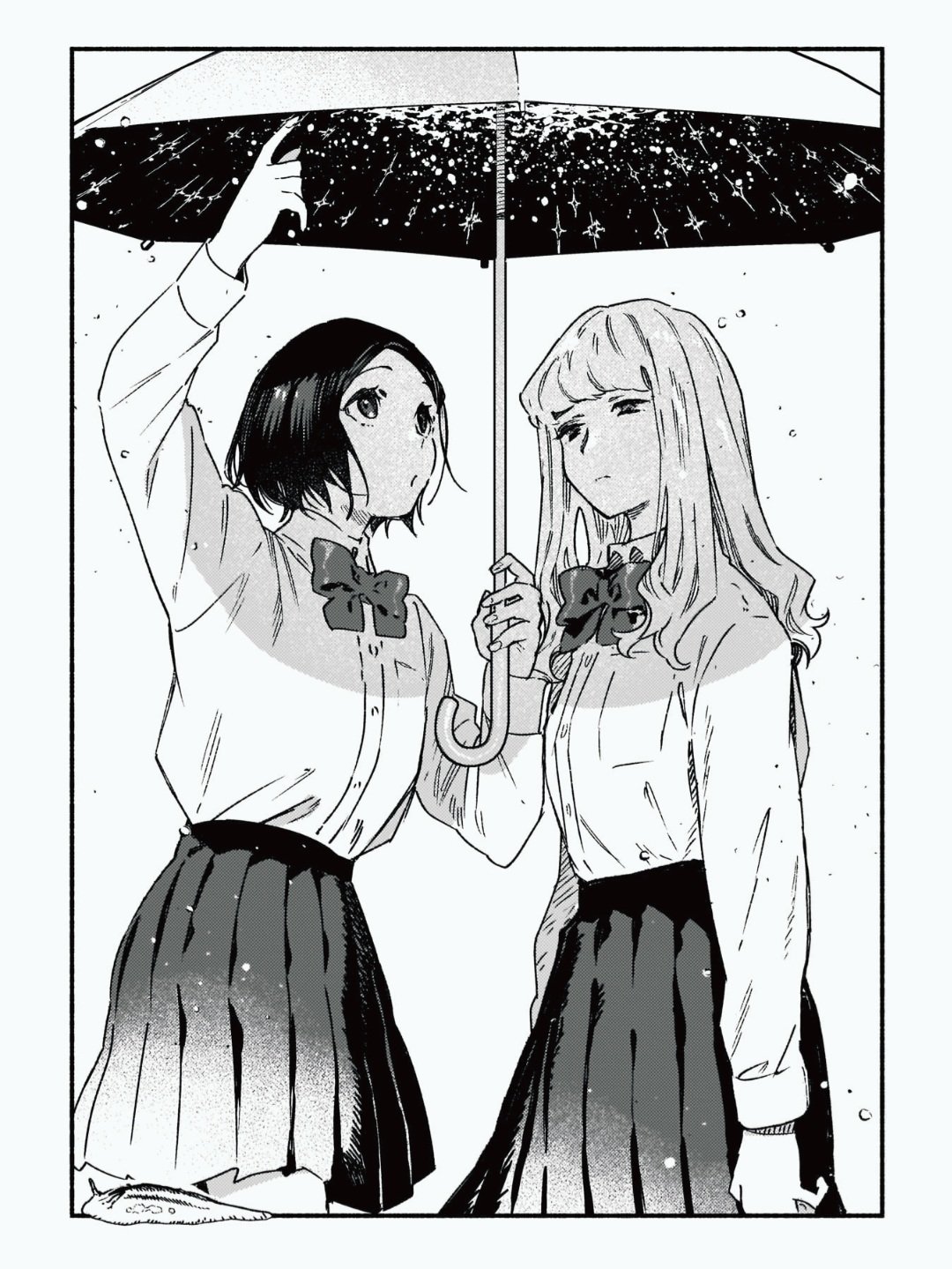 2girls arms_up border closed_mouth cowboy_shot goumoto greyscale highres holding holding_umbrella long_hair long_sleeves looking_up monochrome multiple_girls neck_ribbon official_art pleated_skirt pointing pointing_up rain ribbon shirt short_hair skirt slug umbrella utsumi_aya water_drop yano_tsukiko yoru_to_umi