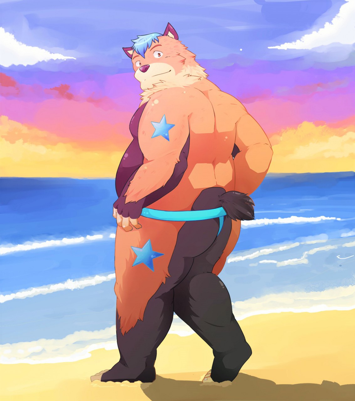 2015 andikapatok anthro beach belly brown_body brown_fur butt clothing fur hi_res humanoid_hands kemono male mammal outside overweight overweight_anthro overweight_male seaside solo swimwear ursid water