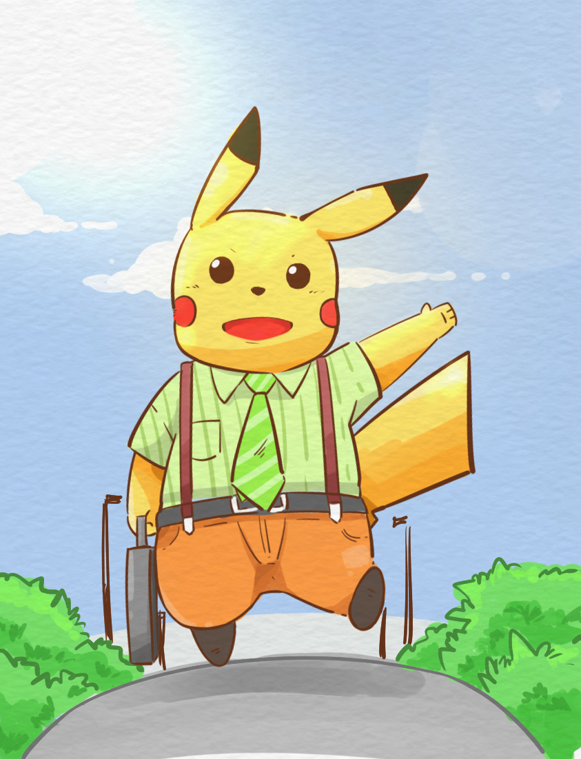 2016 andikapatok anthro biped bottomwear clothing humanoid_hands kemono necktie nintendo outside pants pikachu pok&eacute;mon pok&eacute;mon_(species) shirt solo topwear video_games yellow_body