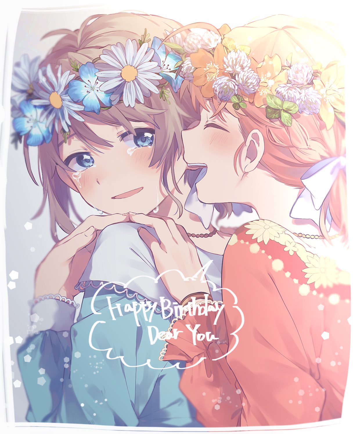 2girls ahoge blue_dress blue_eyes blue_flower blush border braid closed_eyes commentary_request crying crying_with_eyes_open dress english_text flower grey_hair hair_flower hair_ornament hair_ribbon hand_on_another's_shoulder happy_birthday highres jewelry leaf light_particles long_sleeves love_live! love_live!_sunshine!! makura_(makura0128) multiple_girls necklace open_mouth orange_flower orange_hair red_dress ribbon short_hair smile takami_chika tears upper_body upper_teeth watanabe_you white_flower white_ribbon yellow_flower