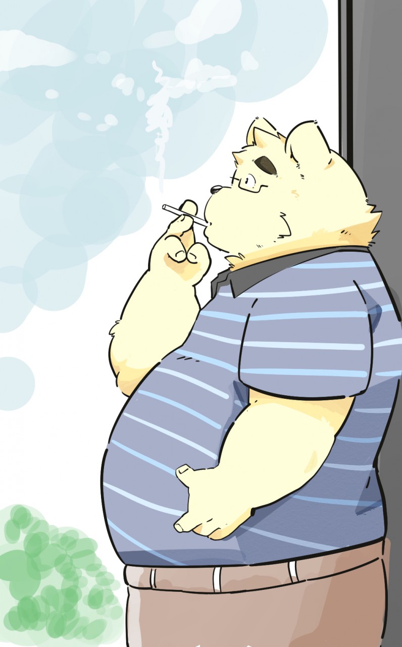 2017 andikapatok anthro black_nose bottomwear clothing eyewear fur glasses hi_res humanoid_hands kemono male mammal overweight overweight_anthro overweight_male pants polar_bear shirt smoking solo topwear ursid ursine white_body white_fur