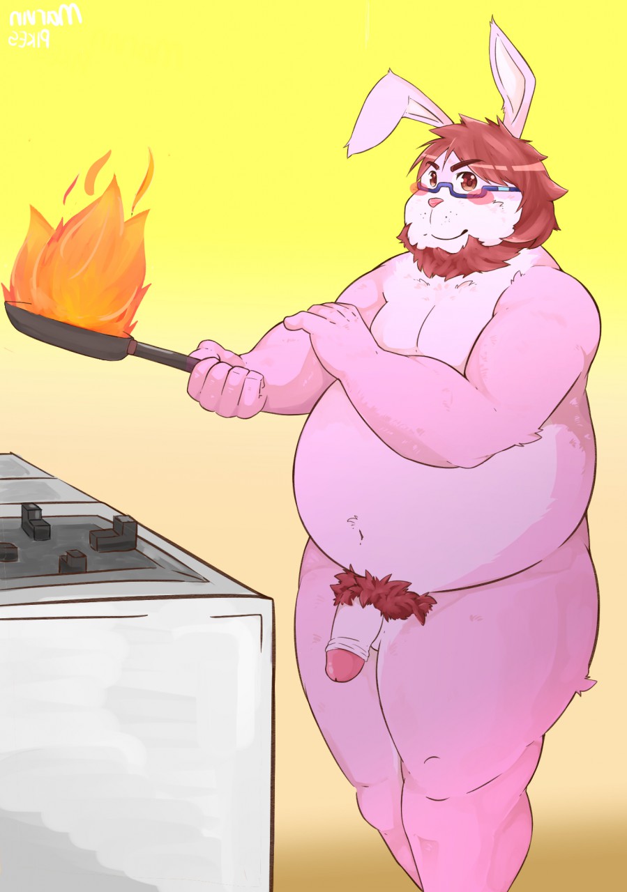 2016 andikapatok anthro balls blush cooking eyewear fire flaccid genitals glasses hi_res humanoid_genitalia humanoid_hands humanoid_penis kemono kitchen lagomorph leporid male mammal marvin_pikes overweight overweight_anthro overweight_male penis pubes rabbit solo