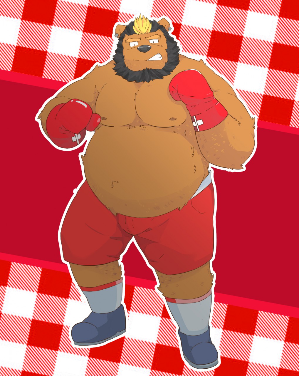 2015 andikapatok anthro beard belly black_nose bottomwear boxing boxing_gloves brown_body brown_fur clothing facial_hair fur handwear hi_res kemono male mammal moobs nipples overweight overweight_anthro overweight_male shorts solo sport ursid