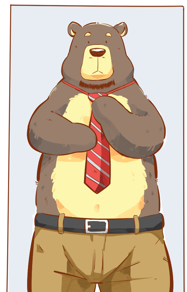 2016 andikapatok anthro beard bottomwear brown_body brown_fur brown_nose clothing facial_hair fur kemono male mammal necktie pants simple_background solo ursid