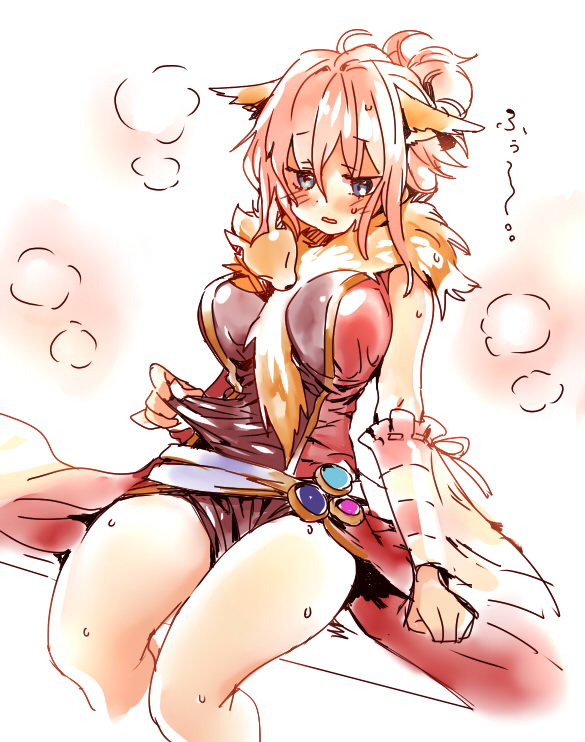 1girl animal_around_neck animal_ears arutopian bangs belt blue_belt blue_eyes blush breasts commentary_request cowboy_shot detached_sleeves dress eyebrows_visible_through_hair fox fox_ears hair_between_eyes hot large_breasts looking_down medium_hair open_mouth pelvic_curtain pink_hair professor_(ragnarok_online) ragnarok_online red_dress red_sleeves short_ponytail sleeveless sleeveless_dress solo striped_sleeves yellow_sleeves