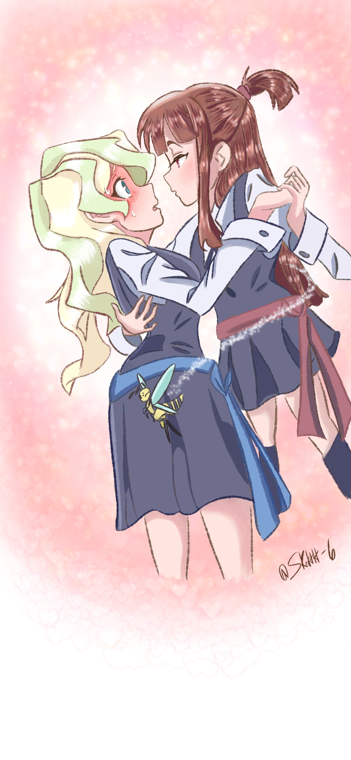 2girls bee blonde_hair blue_eyes blush brown_hair bug couple diana_cavendish embarrassed eye_contact highres holding_hands insect kagari_atsuko little_witch_academia looking_at_another luna_nova_school_uniform multicolored_hair multiple_girls red_eyes role_reversal school_uniform simple_background skirt skrtttt-6 thighs two-tone_hair uniform white_background yuri