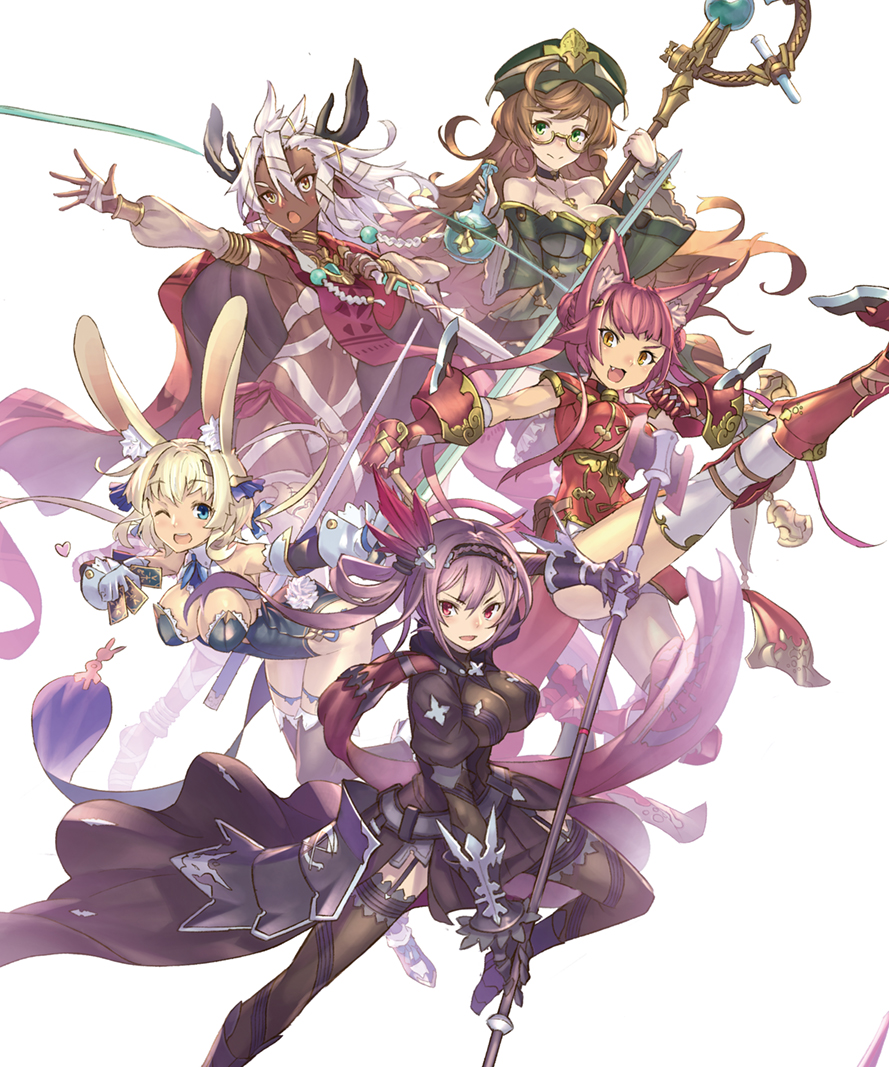 5girls animal_ears antlers bare_shoulders beaker bent_over blonde_hair blue_eyes blush bodysuit breasts brown_eyes brown_hair bunny_ears card cat_ears cleavage closed_mouth dark_skin dress earrings eyebrows_visible_through_hair fantasy garter_straps gauntlets glasses gloves green_dress green_eyes hairband hanging_breasts hat impossible_clothes impossible_dress jewelry jumping kicking large_breasts leotard long_hair long_sword looking_at_viewer medium_breasts multiple_girls nadare-san_(nadare3nwm) one_eye_closed open_mouth original pink_hair pointy_ears polearm pose purple_hair red_eyes revealing_clothes short_hair sideboob simple_background slit_pupils small_breasts smile strapless strapless_dress strapless_leotard thighhighs tsurime wavy_hair weapon white_background white_hair yellow_eyes zettai_ryouiki