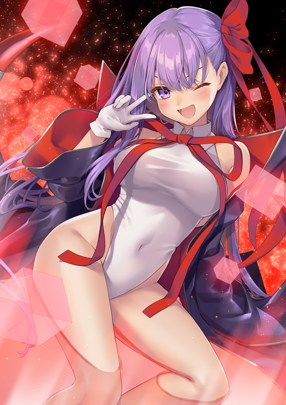 1girl bangs bare_shoulders bat_wings bb_(fate)_(all) bb_(swimsuit_mooncancer)_(fate) black_coat blush breasts coat covered_navel cube fate/grand_order fate_(series) gloves hair_ribbon highleg highleg_leotard highres large_breasts leotard long_hair looking_at_viewer ne-on neck_ribbon one_eye_closed open_clothes open_coat open_mouth popped_collar purple_eyes purple_hair red_ribbon ribbon smile thighs very_long_hair w white_gloves white_leotard wings
