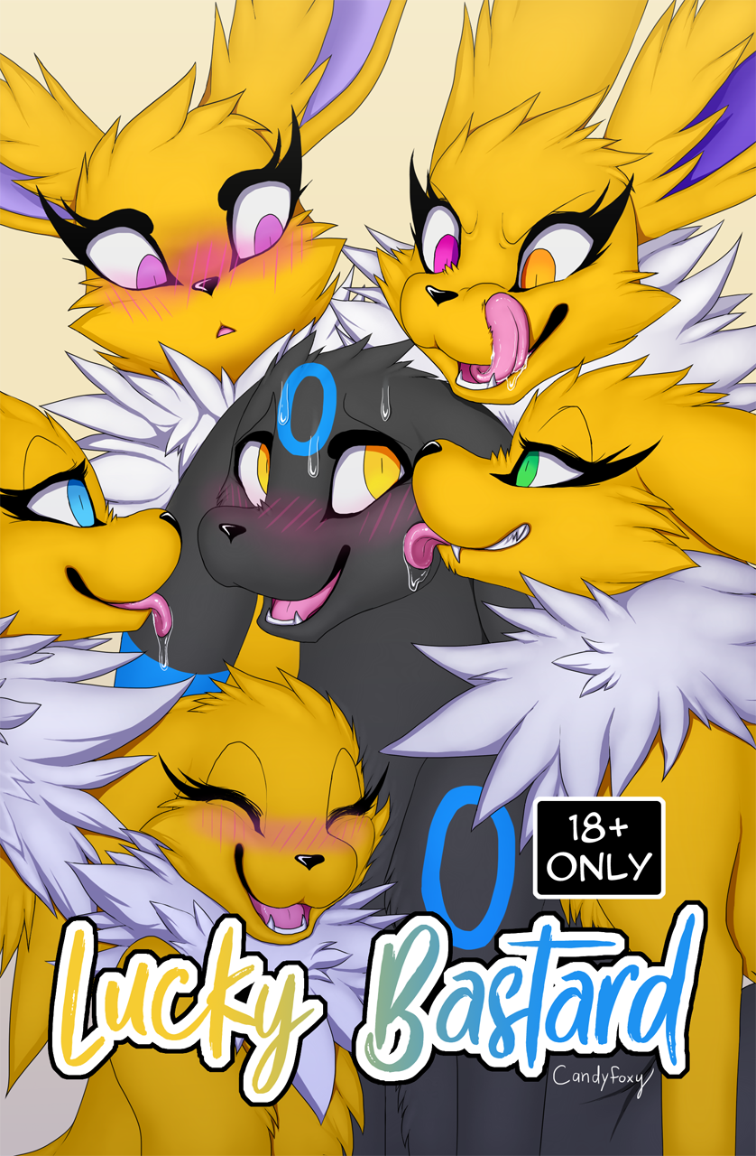 akira_(candyfoxy) blush blush_lines bodily_fluids candyfoxy comic cover cover_art cover_page drooling eeveelution female feral group harem hi_res jolteon licking male male/female nintendo pok&eacute;mon pok&eacute;mon_(species) saliva shiny_pok&eacute;mon sweat tongue tongue_out umbreon video_games