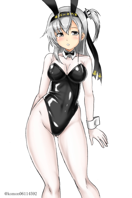 1girl animal_ears black_leotard black_neckwear bodystocking bodysuit bow bowtie breasts bunny_ears cleavage commentary_request cowboy_shot detached_collar grey_eyes kantai_collection kudou_(ooabareteng) leotard long_hair medium_breasts one_side_up pantyhose playboy_bunny silver_hair simple_background solo strapless strapless_leotard suzutsuki_(kancolle) twitter_username white_background white_bodysuit wrist_cuffs
