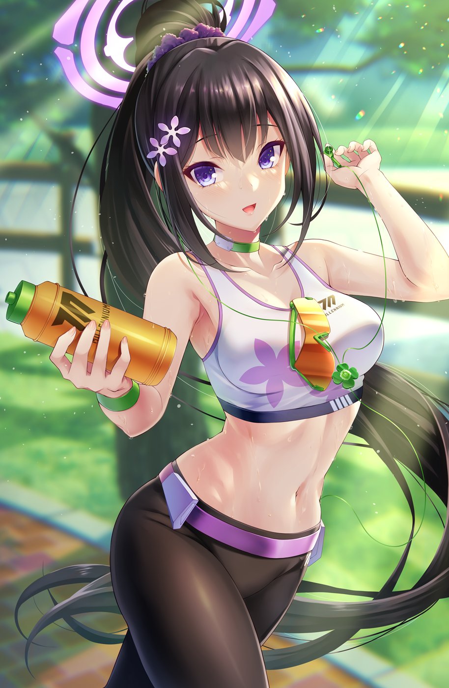 1girl bangs bare_shoulders black_hair black_pants blue_archive bottle breasts choker commentary_request earphones emanon123 flower green_choker hair_flower hair_ornament hair_scrunchie halo high_ponytail highres holding holding_bottle holding_earphones large_breasts long_hair navel open_mouth outdoors pants purple_belt purple_eyes purple_scrunchie scrunchie sidelocks sports_bra stomach sumire_(blue_archive) sunglasses sweat sweatband tight tree very_long_hair water_bottle white_sports_bra yoga_pants