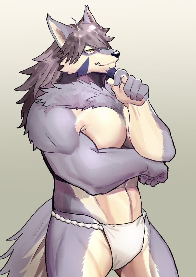 anthro bottomwear canid canine canis clothing fur hair male mammal ryuulabo simple_background temujin tokyo_afterschool_summoners video_games wolf