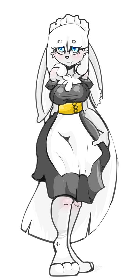 alexis_watterson anthro blue_eyes blush breasts clothing cute_eyes cute_face female fluffy fur grey_body grey_fur hair lagomorph leporid long_ears long_hair maid_hat maid_uniform mammal mikomistar mute rabbit scar smile solo uniform white_body white_fur white_hair