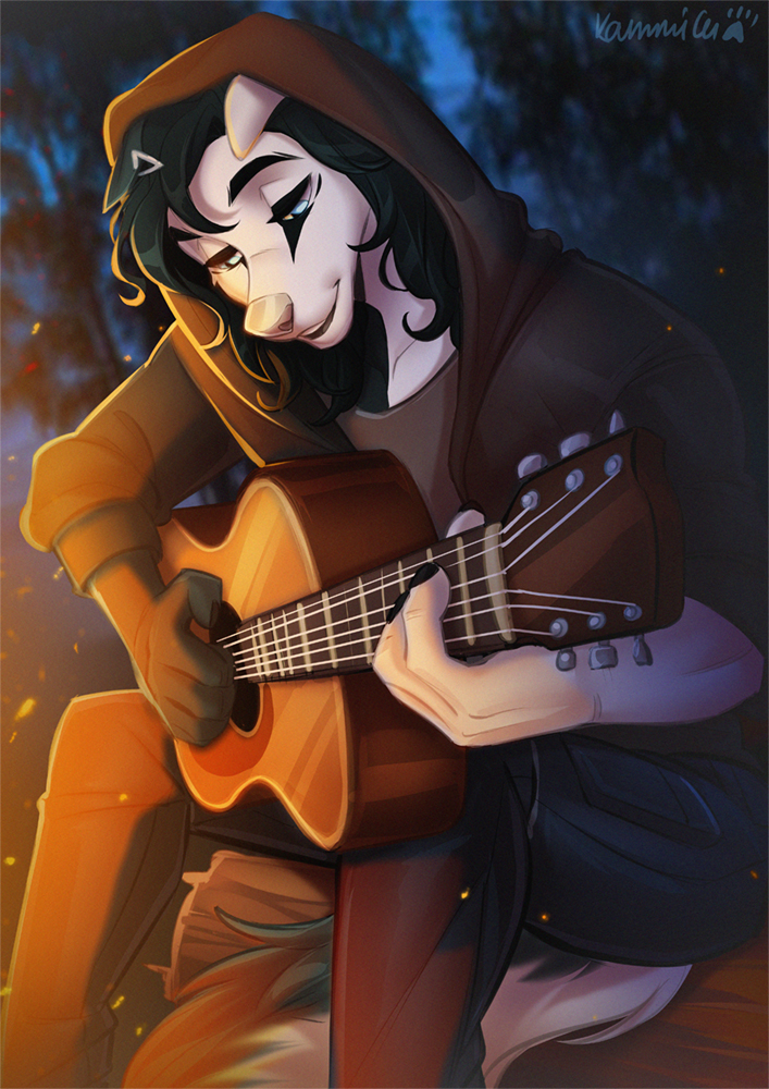 2021 5_fingers acoustic_guitar anthro black_hair blue_eyes blurred_background canid canine digital_media_(artwork) fingers guitar hair kammi-lu male mammal musical_instrument playing_music plucked_string_instrument smile solo string_instrument