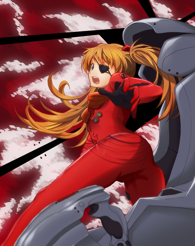 ass blue_eyes breasts brown_hair cloud cockpit dress eva_02 evangelion:_3.0_you_can_(not)_redo eyepatch hair_ornament long_hair murata_isshin neon_genesis_evangelion open_mouth pilot_chair pilot_suit plugsuit pussy_cutout reaching_out rebuild_of_evangelion red_dress red_sky sky solo souryuu_asuka_langley spread_legs teenage teeth tight tight_dress