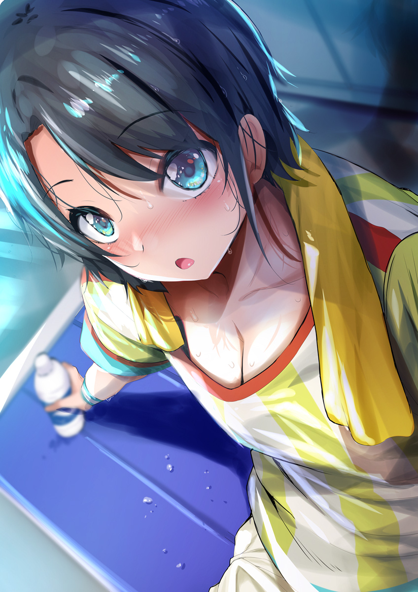 1girl aqua_eyes bangs black_hair blush bottle breasts cleavage collarbone eyebrows_visible_through_hair fumihiko_(fu_mihi_ko) highres holding holding_bottle hololive large_breasts looking_at_viewer loose_clothes loose_shirt oozora_subaru open_mouth oversized_clothes oversized_shirt shirt short_hair short_sleeves shorts solo striped striped_shirt sweat sweatband swept_bangs t-shirt vertical-striped_shirt vertical_stripes virtual_youtuber water_bottle white_shirt white_shorts wristband yellow_shirt yellow_towel